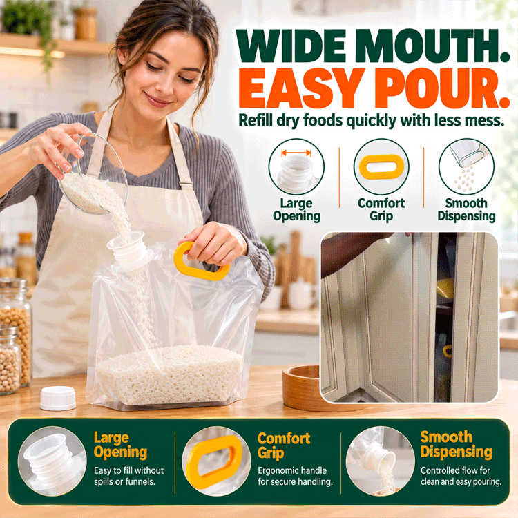 Reusable Airtight Dry Food Storage Bag – Stand-Up Easy-Pour Pantry Container
