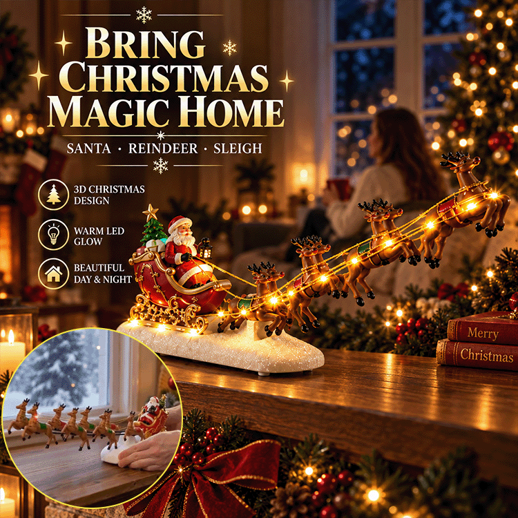 Lighted Santa Sleigh & Reindeer Christmas Display – 3D Resin Holiday Decor