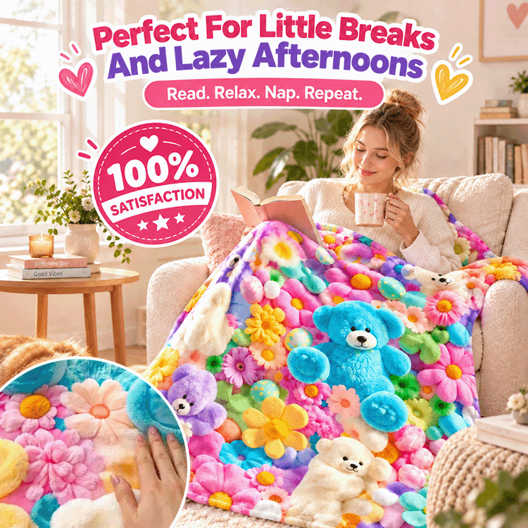 Whimsical Bunny & Teddy Floral Flannel Throw Blanket