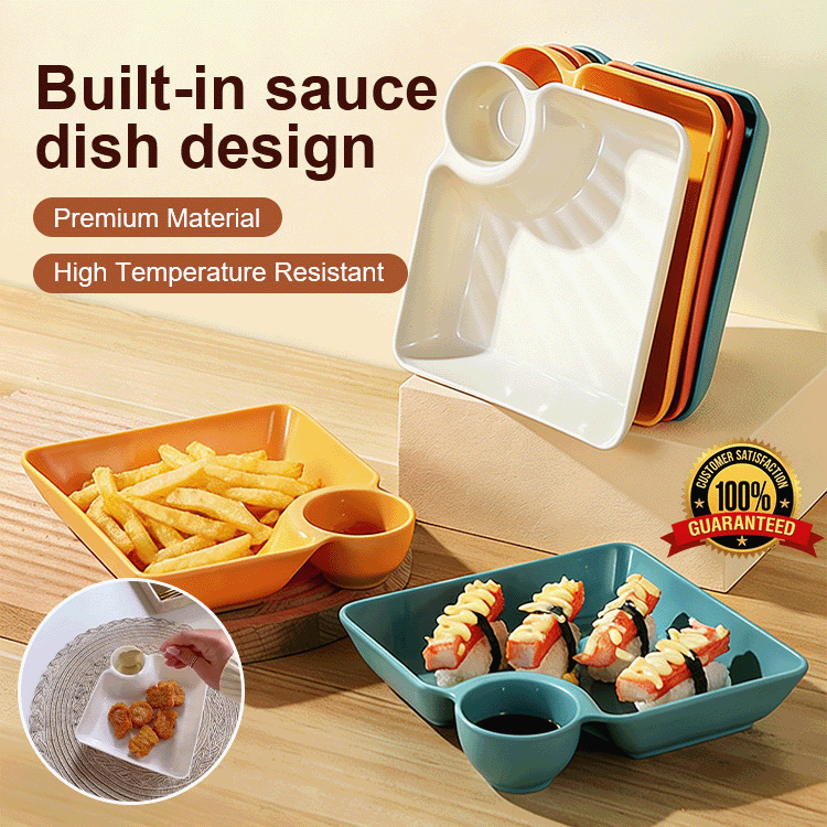 4-Piece Color Set Divided Serving Tray with Built-In Sauce Dish