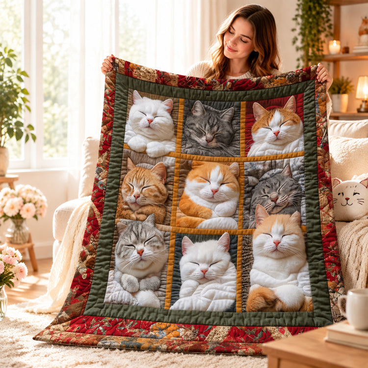 Nine-Panel Sleeping Cats Reversible Flannel Throw