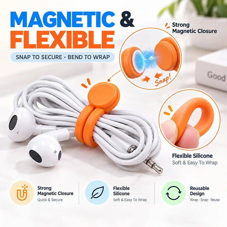 Reusable Magnetic Silicone Cable Ties – Flexible Snap-On Cord Organizer, 5PCS