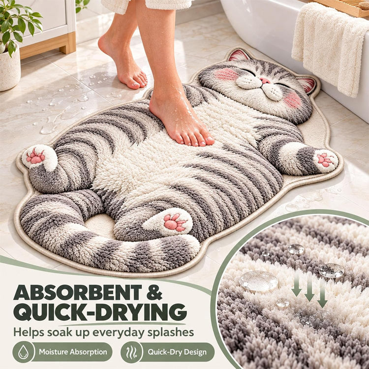 3D Plush Cat Floor Mat – Washable Absorbent Microfiber Rug