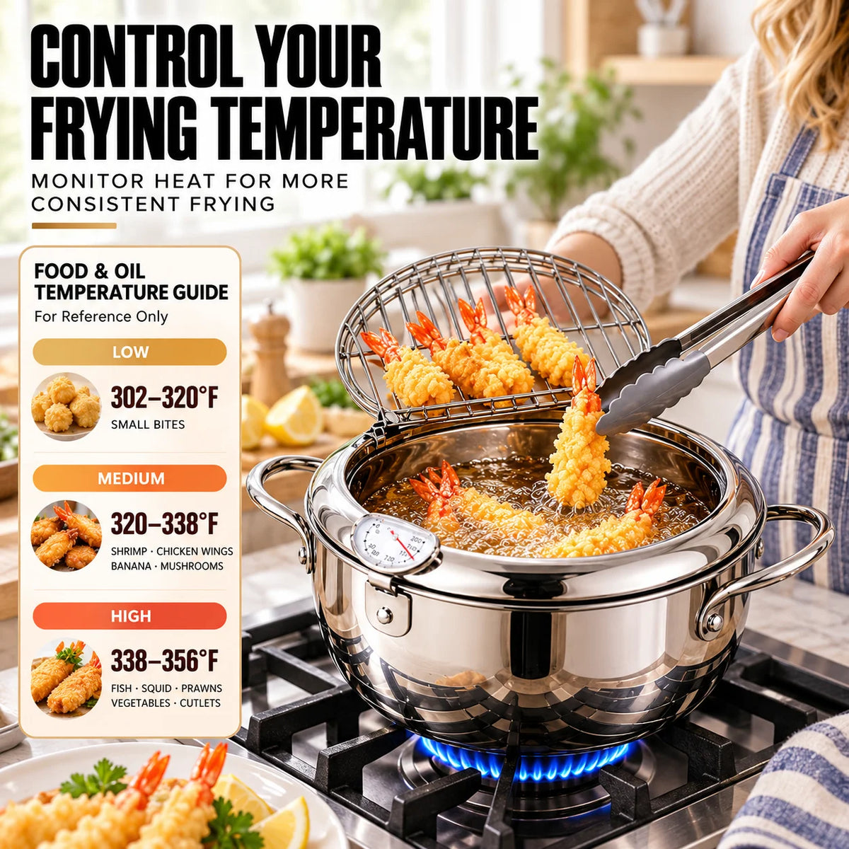 Stainless Steel Deep Fryer Pot – Built-In Thermometer & Draining Rack