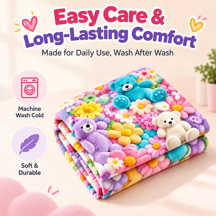 Whimsical Bunny & Teddy Floral Flannel Throw Blanket
