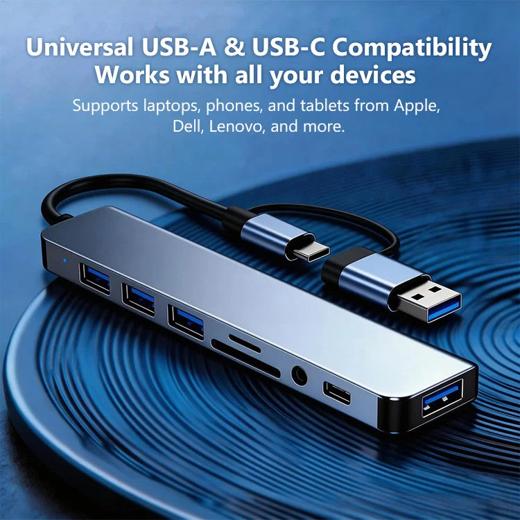 8-in-1 USB-C Hub Adapter with USB-A, USB-C, Audio & Fast Data Transfer