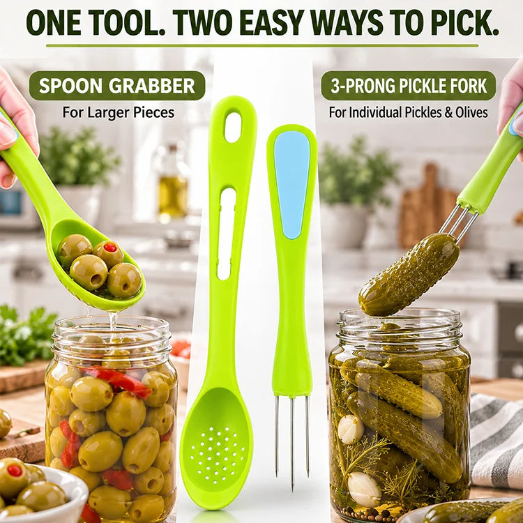 2-Piece Pickle & Olive Grabber Set – Jar-Hanging Spoon & Fork Tools