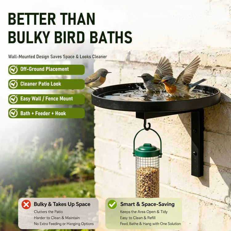 Wall-Mounted Metal Bird Bath & Feeder Station