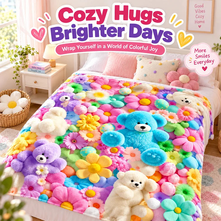 Whimsical Bunny & Teddy Floral Flannel Throw Blanket