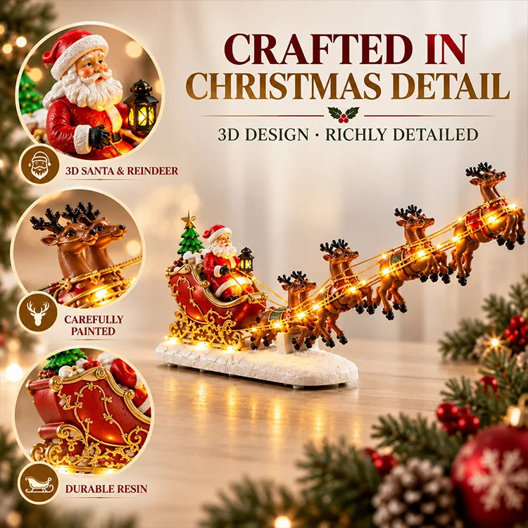 Lighted Santa Sleigh & Reindeer Christmas Display – 3D Resin Holiday Decor