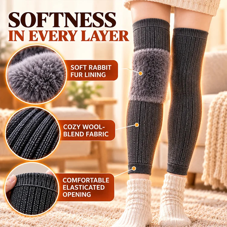 Extra-Long Thermal Knee Warmers – Plush Rabbit Fur-Lined Wool-Blend Leg Sleeves