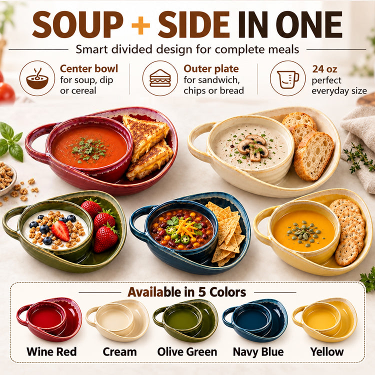 800G Real Ceramic Divided Bowl – 24 oz Soup & Side Serving Dish