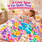 Whimsical Bunny & Teddy Floral Flannel Throw Blanket