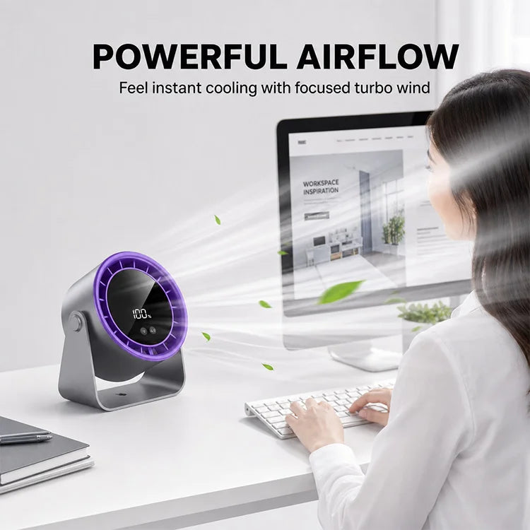 Rechargeable 100-Speed Brushless Turbo Desk Fan with Long Battery Life