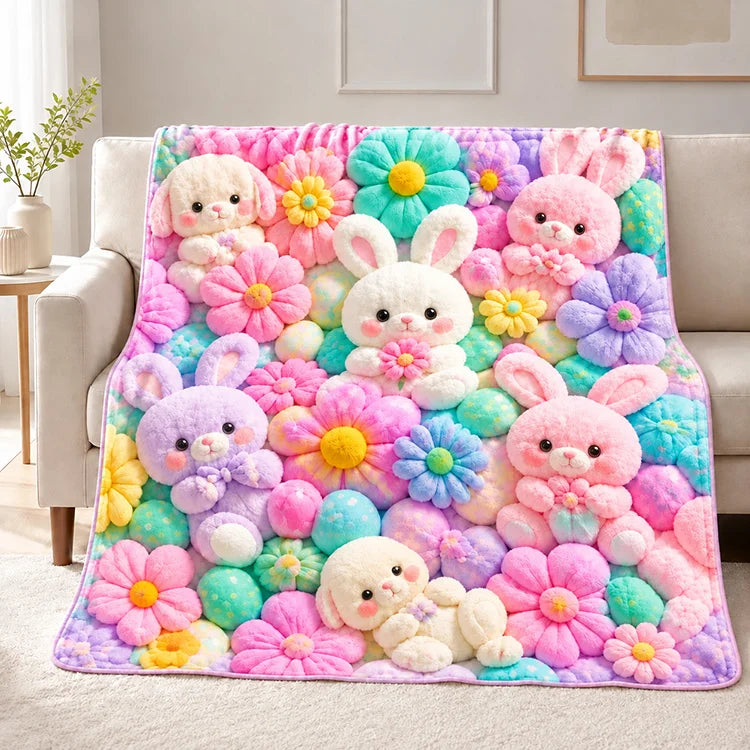 Whimsical Bunny & Teddy Floral Flannel Throw Blanket