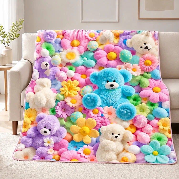 Whimsical Bunny & Teddy Floral Flannel Throw Blanket