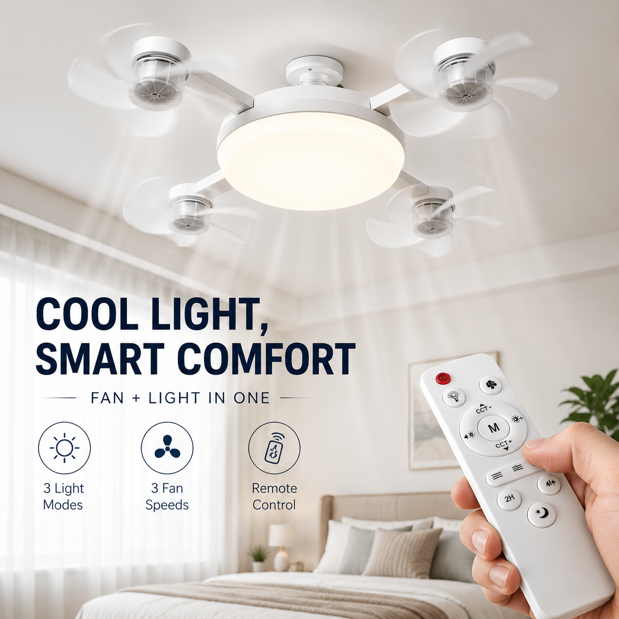 Remote Control Ceiling Fan Light – Dimmable 3-Color LED Fan Lamp